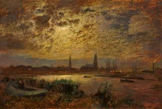 Louis Douzette - Nächtlicher Blick über die Trave auf Lübeck.
