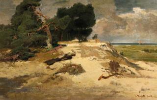 Louis Douzette - The shore of Barth in summer, with sailing vessels on the Baltic Sea