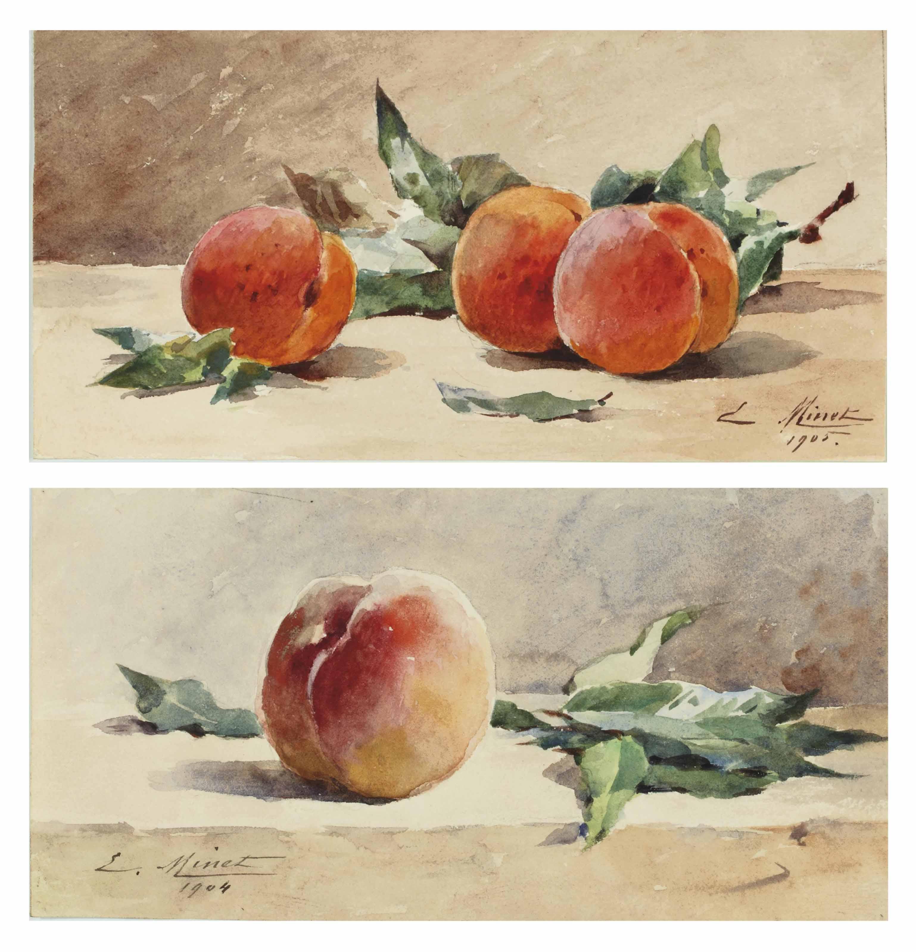 Louis-Emile Minet - Nature morte aux trois pêches; et Nature morte avec une pêche