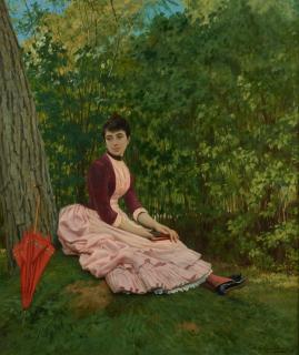 Louis Emile Pinel De Grandchamp - Jeune fille lisant au pied d\'un grand arbre