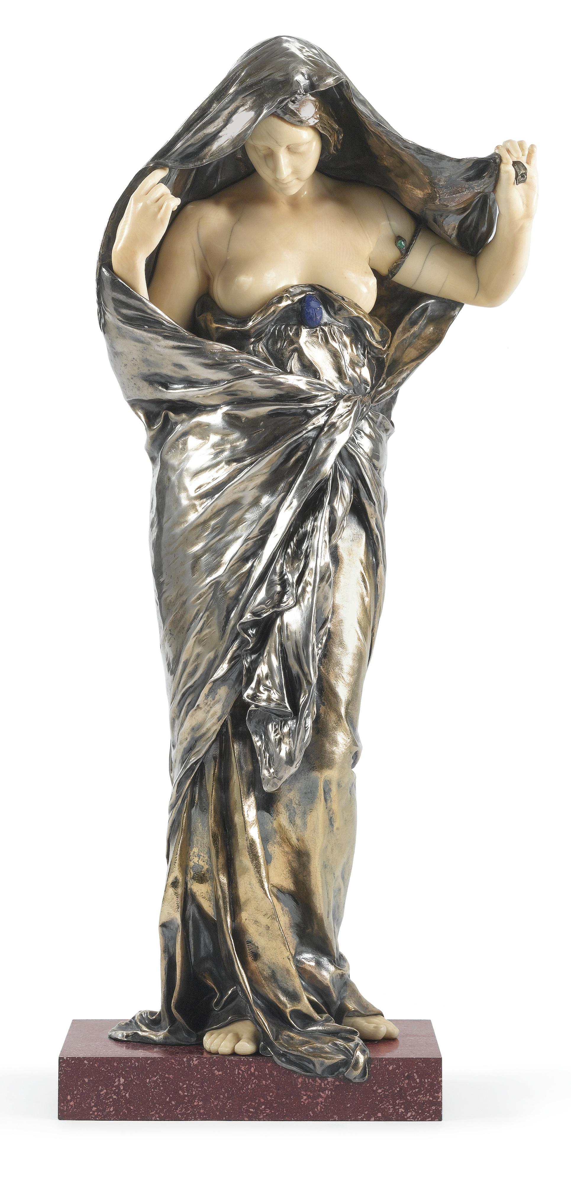 Louis-Ernest Barrias - Frencha Rare Silver, Ivory, Gem-Set And Porphyre Rouge D\'Egypte Model Of La Nature Se Devoilant Devant La Science