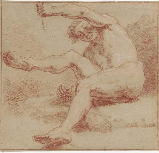 Louis Fabritius Dubourg - A Reclining Male Nude Holding A Staff