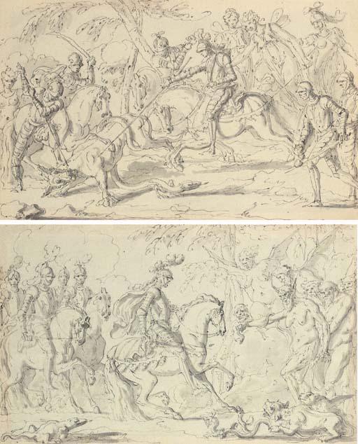 Louis Félix de La Rue - A band of Christian knights slaying a dragon; and A band of Christian knights confronted by harpies and demons