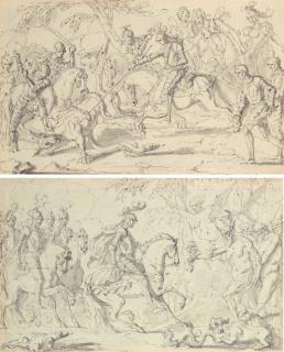 Louis Félix de La Rue - A band of Christian knights slaying a dragon; and A band of Christian knights confronted by harpies and demons