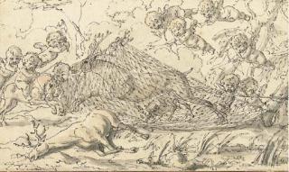 Louis-Félix De La Rue - Putti chassant un lion; et Putti chassant des cerfs