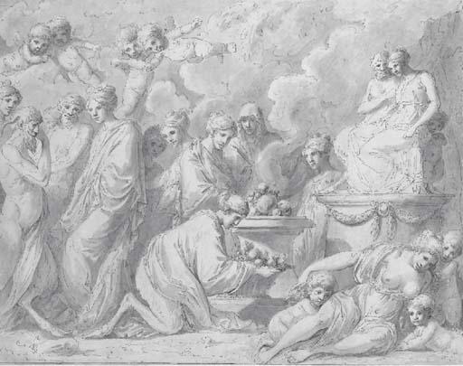 Louis-Félix De La Rue - Satyres et femmes présentant des offrandes à un couple de dieux