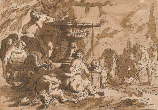 Louis-Félix de la Rue - Une scène de bacchanale avec des nymphes, des satyres et un putto autour d\'une vasque