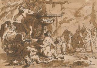 Louis-Félix de la Rue - Une scène de bacchanale avec des nymphes, des satyres et un putto autour d\'une vasque