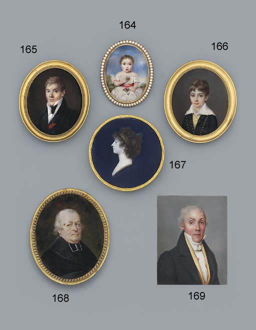 Louis François Aubry - A Young Gentleman, In Black Coat Decorated With A Red Ribbon On Left Lapel, White Waistcoat And Shirt With High Collars, Black Cravat