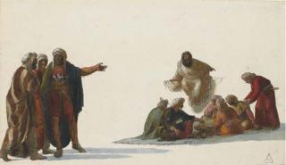 Louis-François Cassas - A Group of Bedouins Eating At A Low Table, A Bearded Man Seated On A Ledge And Three Others To The Right