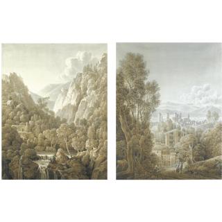 Louis-François Cassas - A Pair Of Italian Views: Lake Bracciano With A View Of Castello Odescalchi; A Mountainous Landscape With A Waterfall, Near Terni 