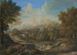 Louis-François Cassas - An Arcadian landscape with a burning city on a cliff beyond and shepherds resting in the foreground