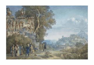 Louis-François Cassas - Archéologues examinant un bas-relief aux abords de la ville d\'Athènes