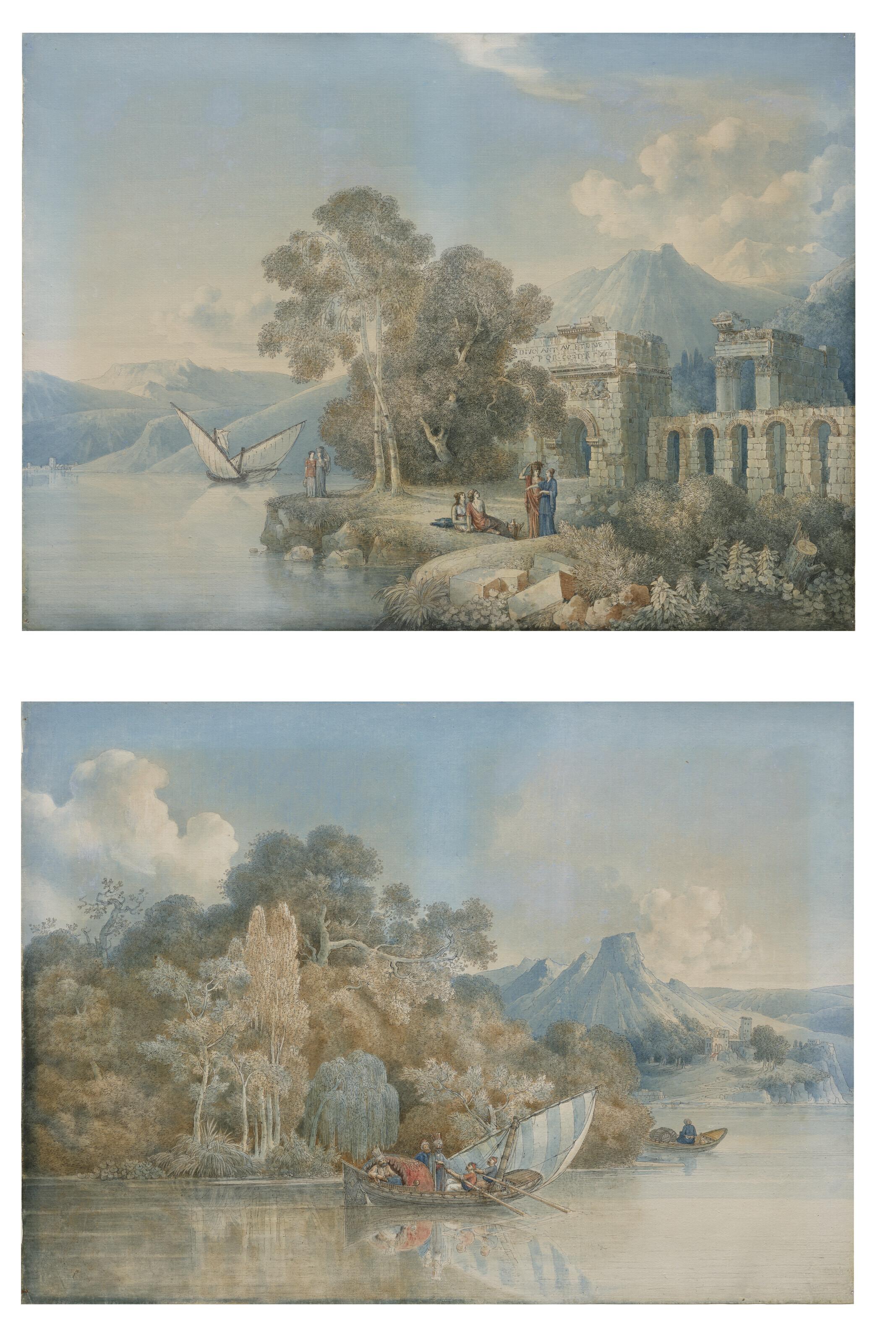 Louis-François Cassas - Femmes au bord du rivage dans un paysage en ruines; et Hommes enturbannés dans une felouque au bord du rivage