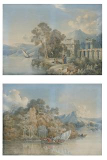 Louis-François Cassas - Femmes au bord du rivage dans un paysage en ruines; et Hommes enturbannés dans une felouque au bord du rivage