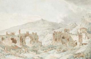 Louis-François Cassas - Les Ruines de Taormine Avec L\'Etna Dans Le Fond, Des Voyageurs Au Premier Plan