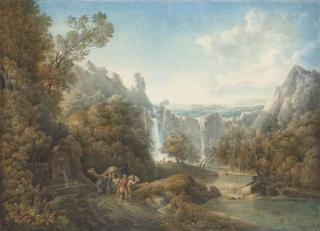 Louis-François Cassas - Un paysage avec des chutes d\'eau, des figures avec un dromadaire devant une fontaine au premier plan à gauche