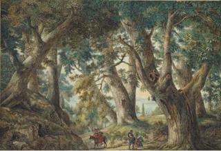 Louis-François Cassas - Un Paysage Boisé Avec Figures, Un Lac Au Fond