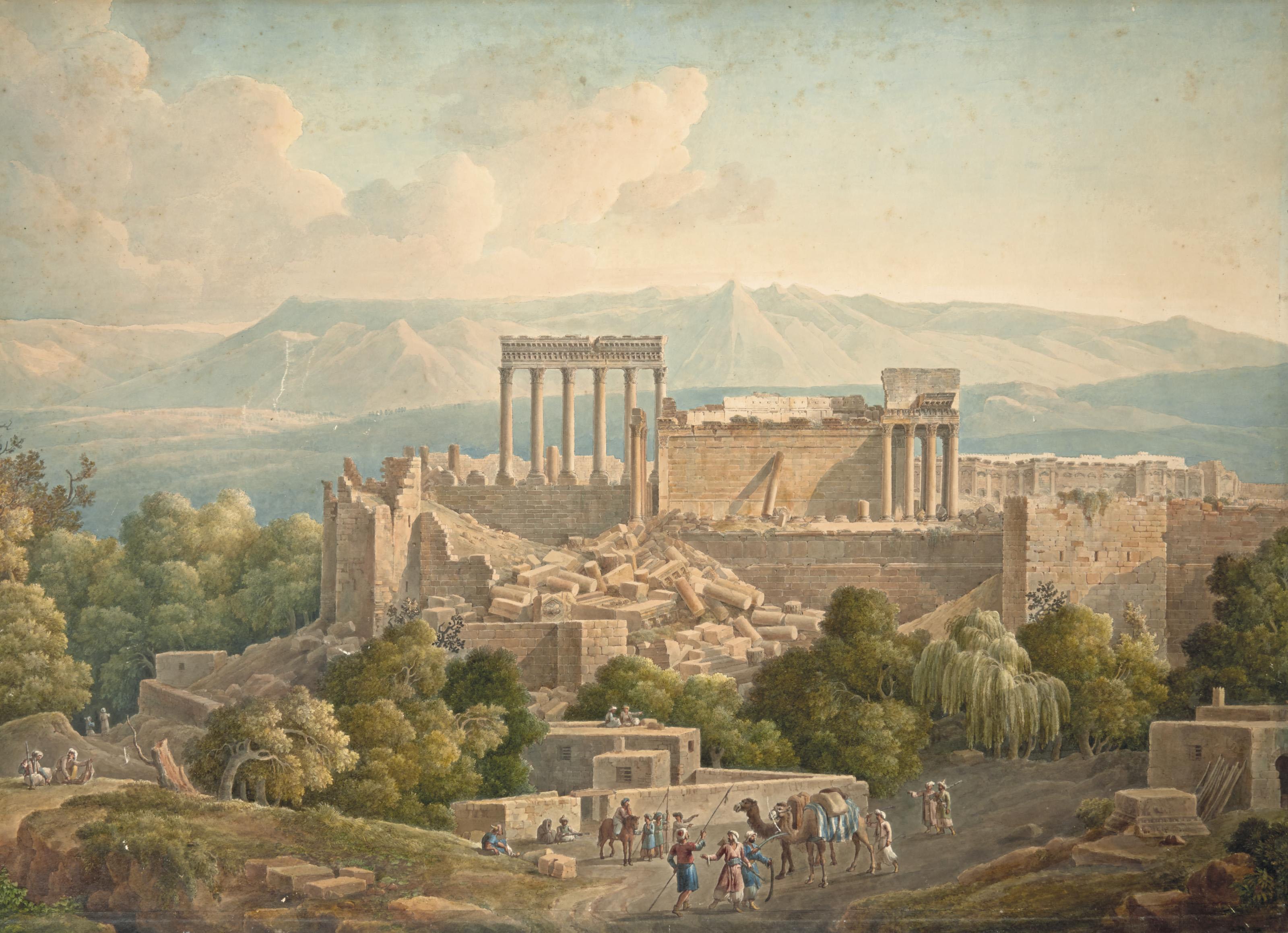 Louis-François Cassas - Vue De Baalbek, Au Liban, Un Groupe De Chameliers Au Premier Plan