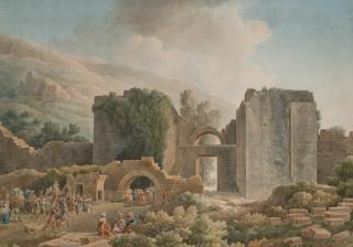 Louis-Francois Cassas - Vue Présumée De La Cité Antique De Pergé En Turquie, Un Convoi D\'Orientaux Au Premier Plan