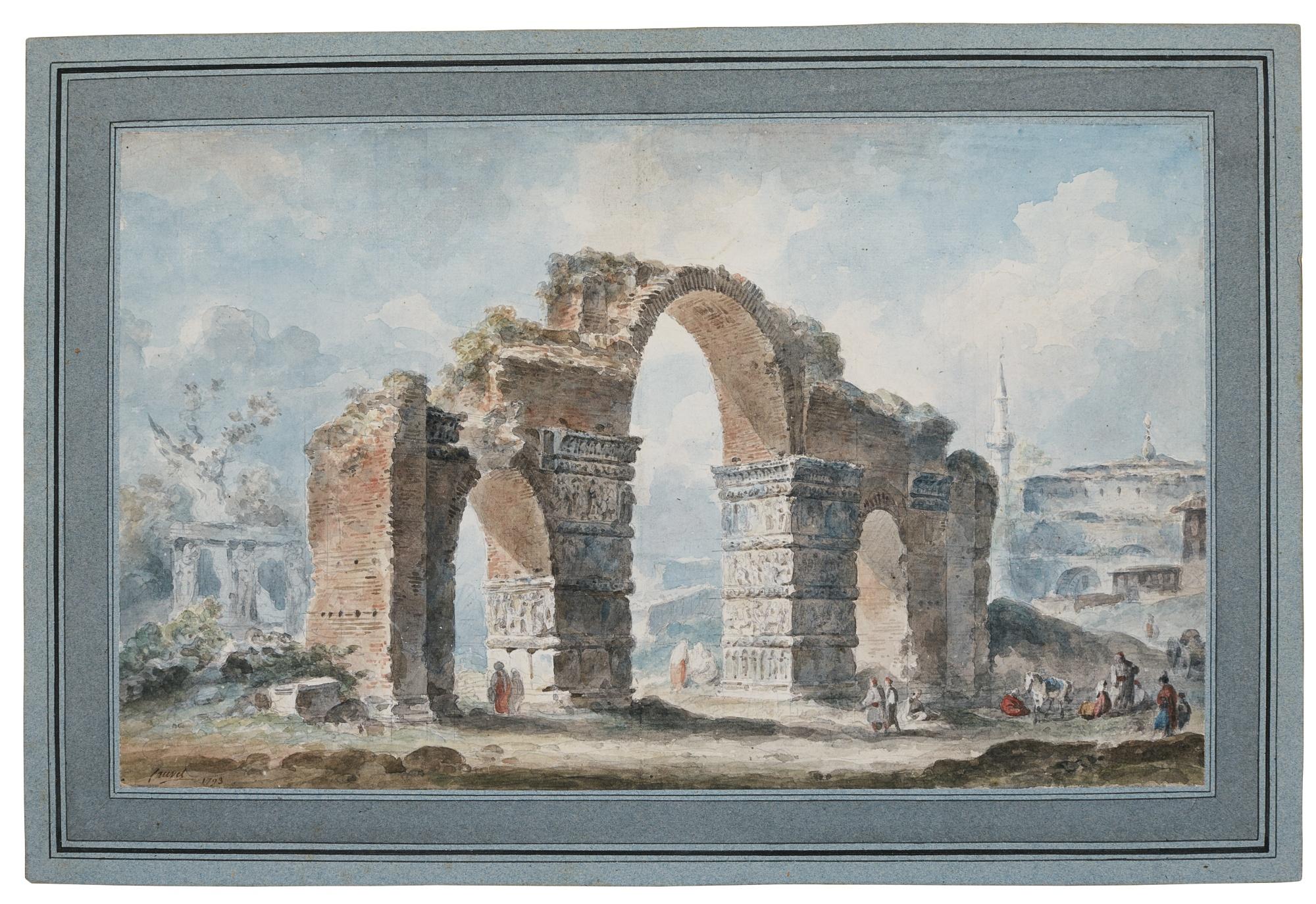 Louis François Sébastien Fauvel - The Arch Of Galerius, At Thessalonika, With A Fantastic Rotunda In The Background