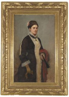 Louis Frédéric Schützenberger - Porträt einer eleganten Dame mit rotem Tuch und Fächer