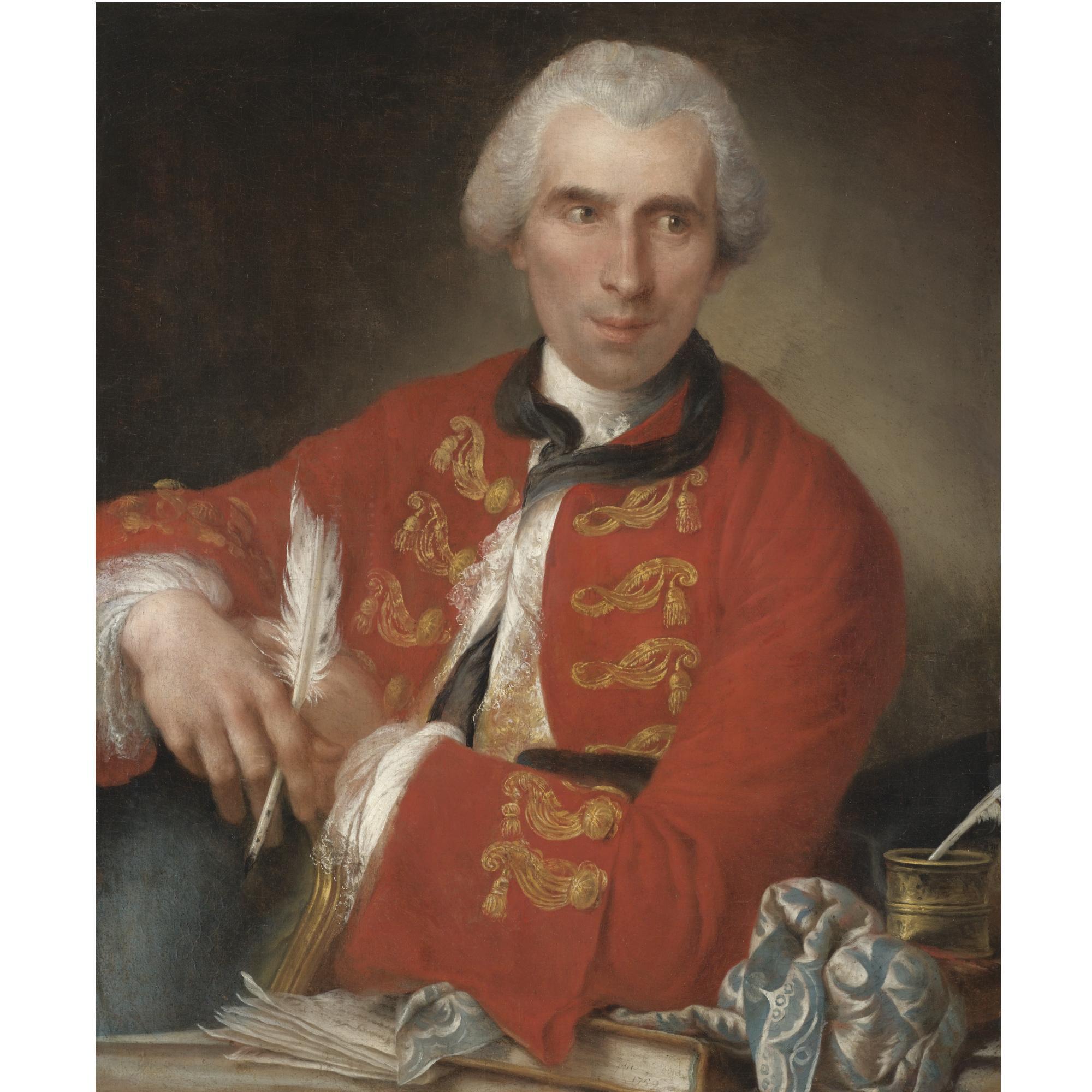 Louis-Gabriel Blanchet - Portrait Of A Gentleman, Half Length, Said To Be A Member Of The French Academy In Rome, Seated At His Desk, Wearing A Red Coat With White Chemise, Holding A Quill, A Letter And A Book In Front Of Him