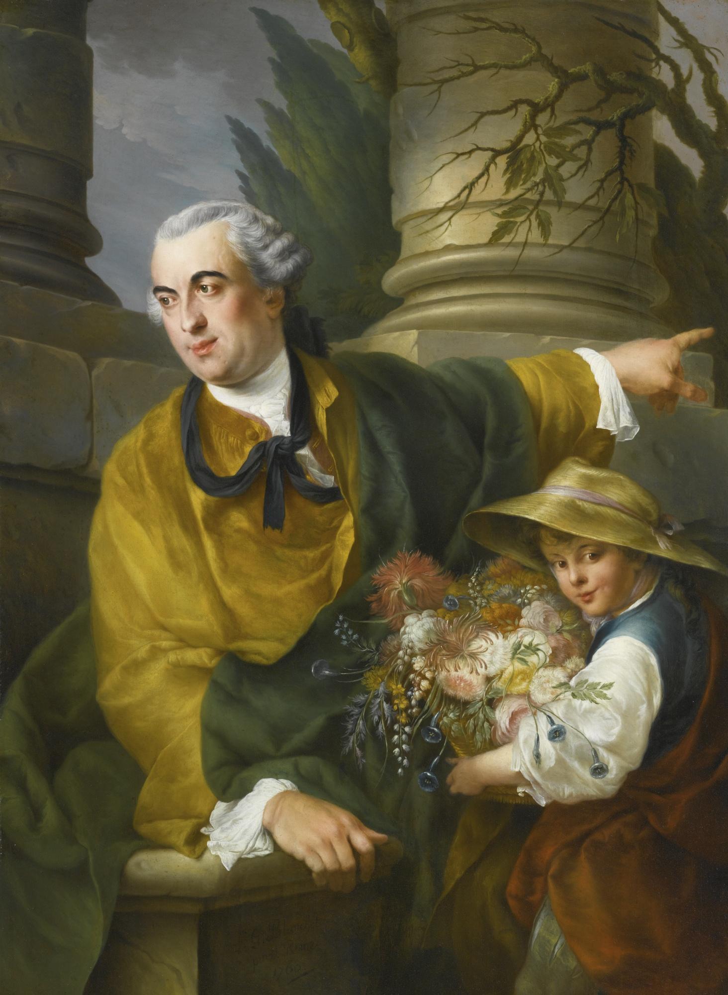 Louis-Gabriel Blanchet - Portrait Of Charles Claude De Flahault De La Billarderie, Comte D\'Angiviller, Three-Quarter Length, With A Child Holding A Basket Of Flowers