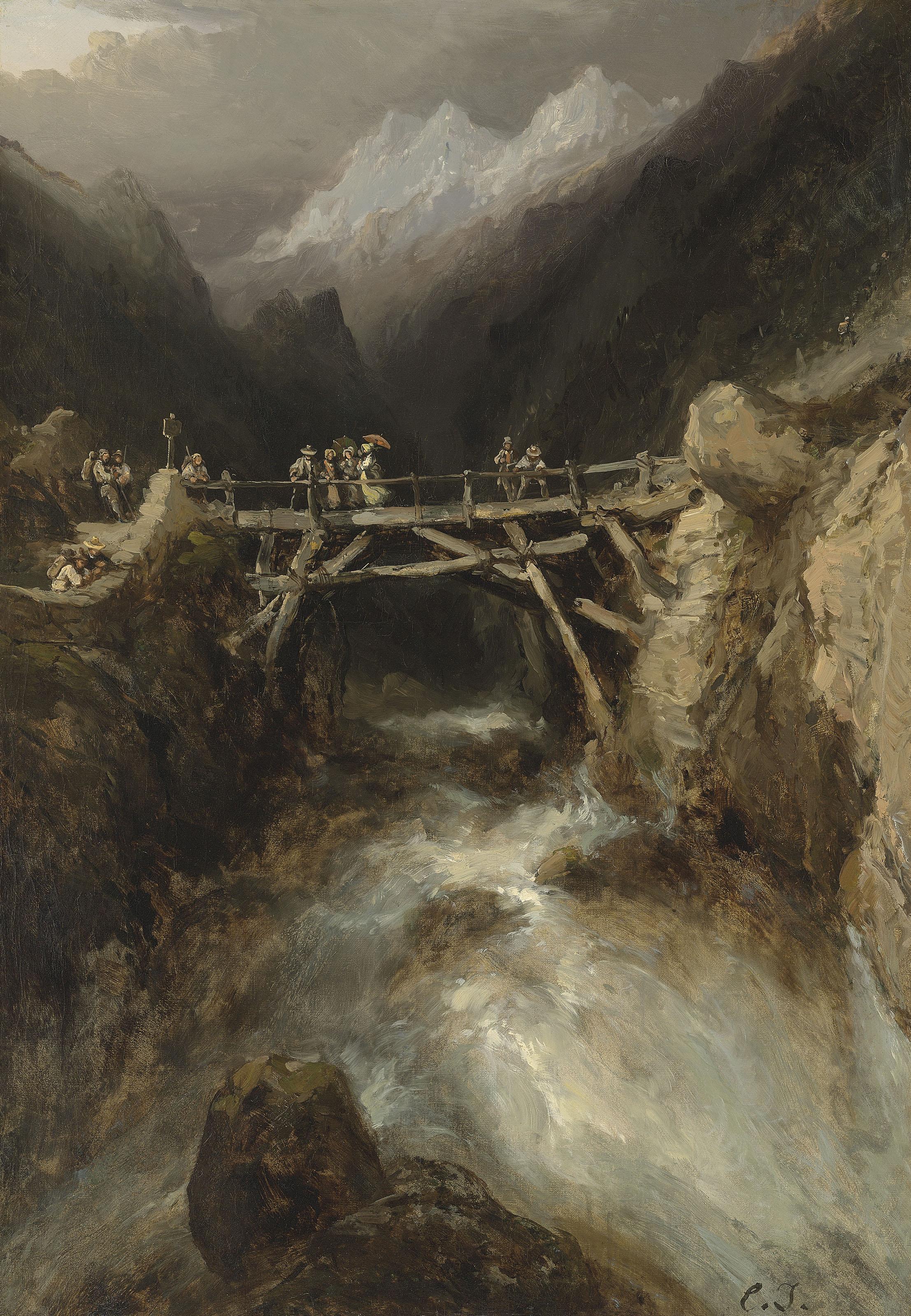 Louis-Gabriel-Eugène Isabey - A bridge with travellers crossing a torrent in the Pyrenees