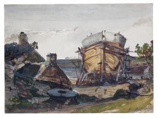 Louis-Gabriel-Eugène Isabey - An Inlet, With A Boat Under Construction