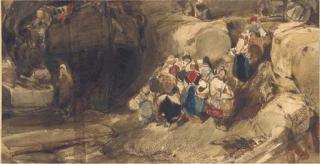 Louis-Gabriel-Eugène Isabey - Figures in a rocky shore, the prow  of a ship in the foreground