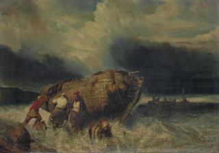 Louis-Gabriel-Eugene Isabey - Pêcheurs Poussant Une Barque