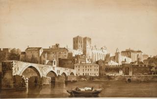 Louis-Gabriel-Eugene Isabey - Vue du palais des Papes d\'Avignon depuis les rives du Rhône