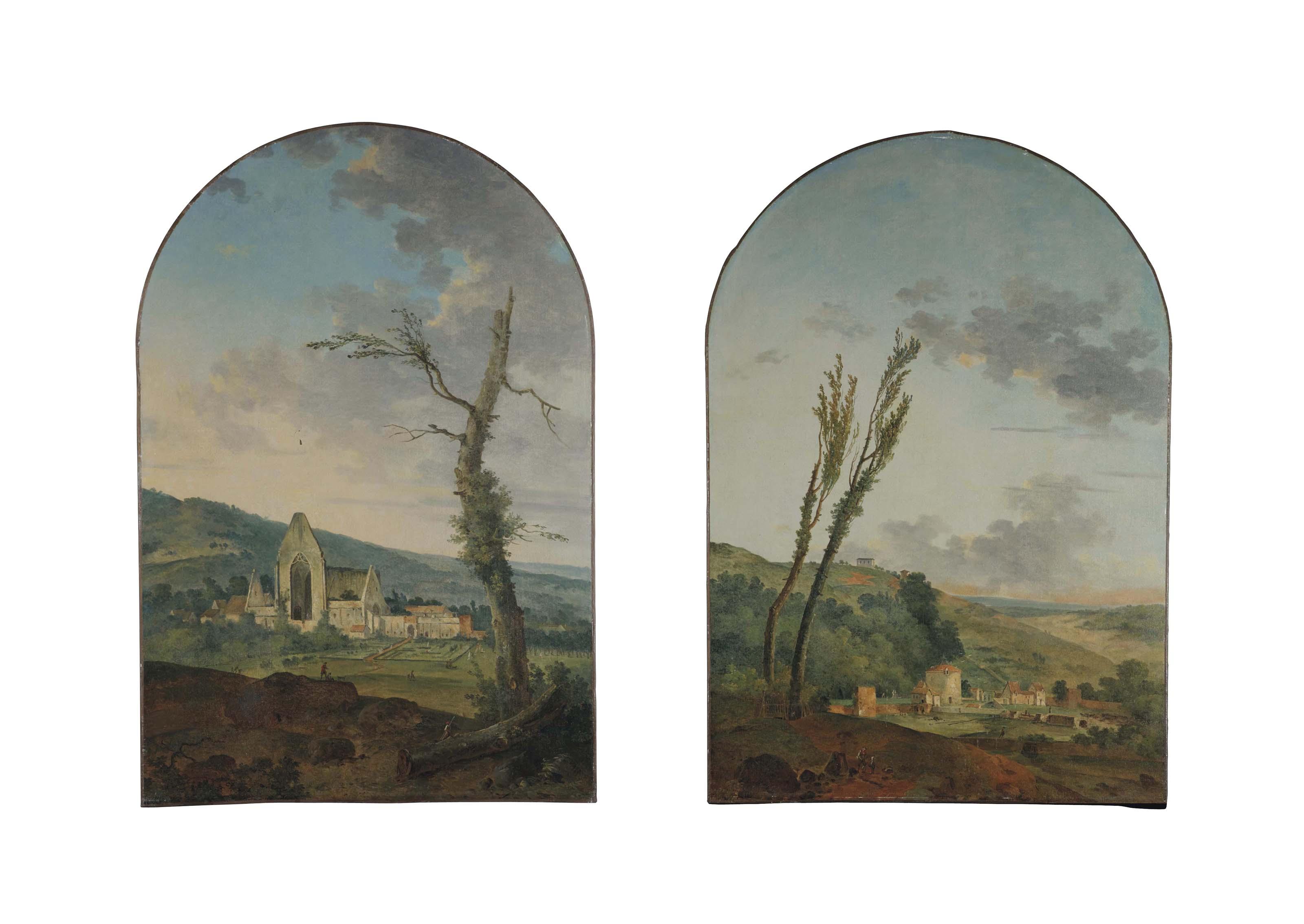 Louis-Gabriel Moreau, Dit Moreau L’Aîné - Paysage Avec Une Vue Présumée De L’Abbaye Des Vaux De Cernay ; Et Paysage Avec Une Ferme Et Un Pigeonnier