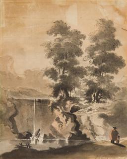 Louis Gabriel Moreau I. - Stauwehr in südlicher Landschaft.