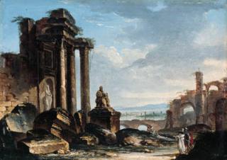 Louis-Gabriel Moreau - A capriccio of classical ruins with figures conversing in the foreground