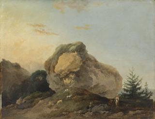 Louis-Gabriel Moreau - A hilly landscape with a large rock and a shepherd and shepherdess with their flock