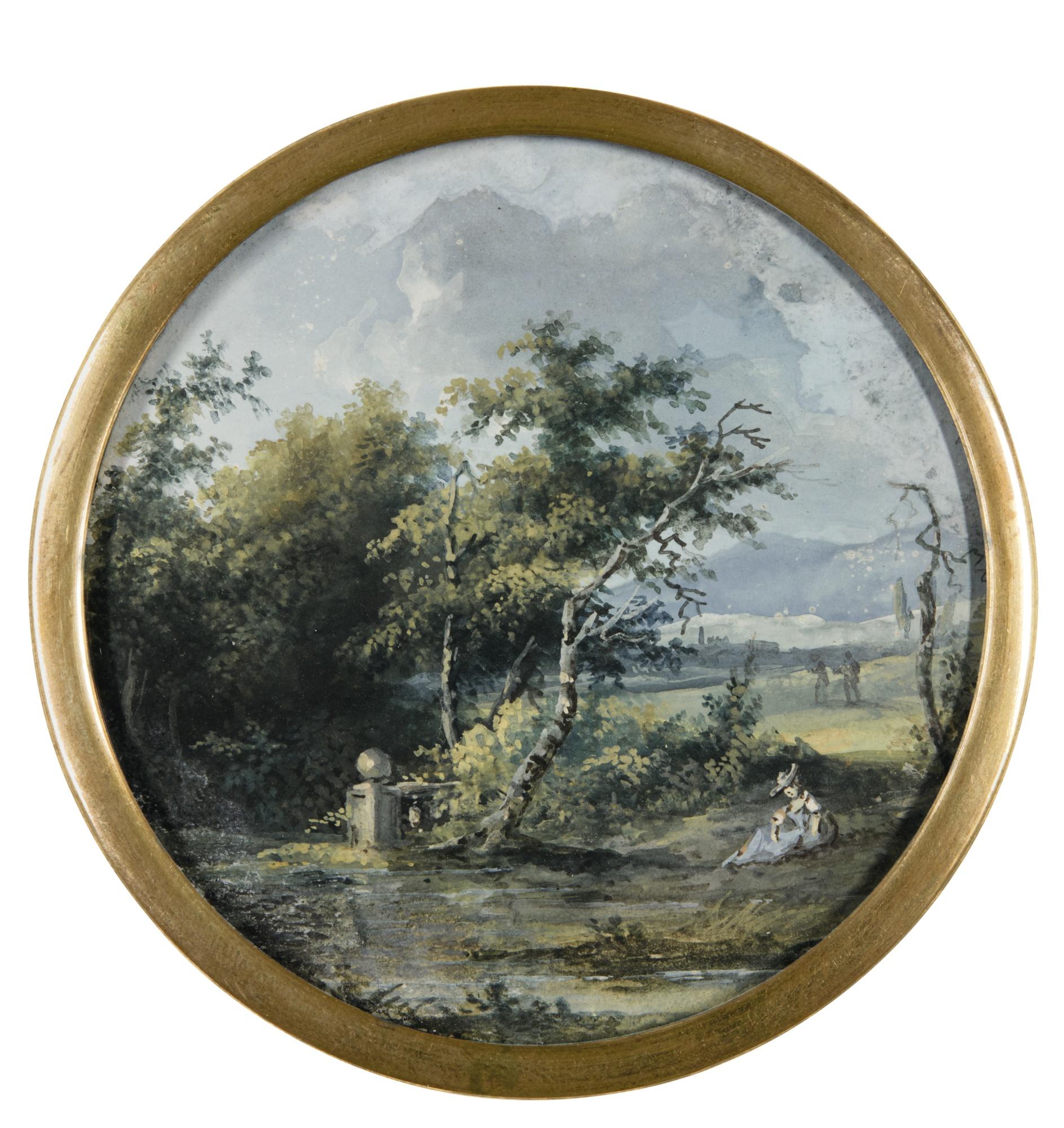 Louis-Gabriel Moreau - A Lady Sitting In A River Landscape, Circa 1785