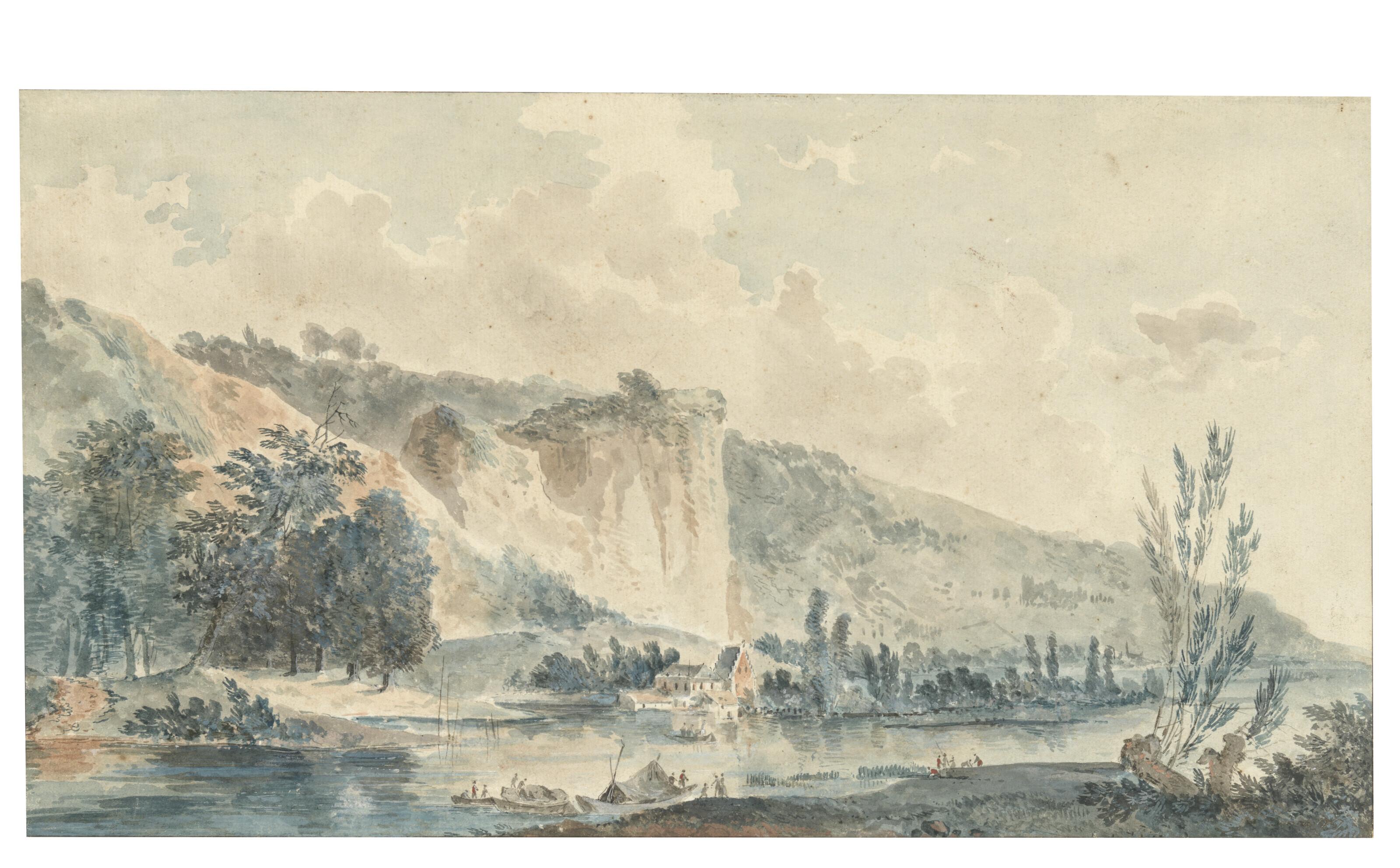 Louis-Gabriel Moreau - A river landscape with cliffs