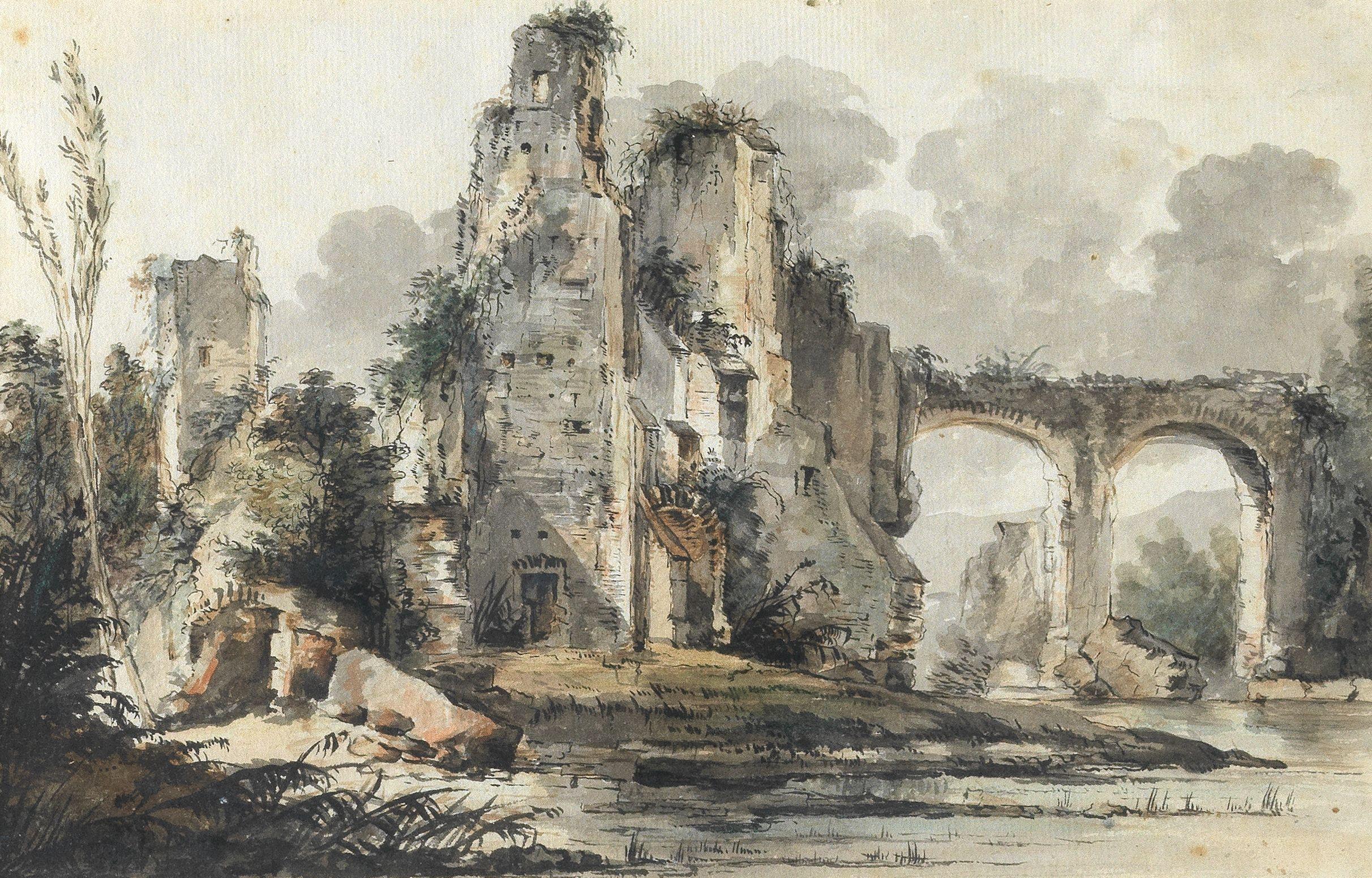 Louis Gabriel Moreau - A river landscape with ruins by an aqueduct