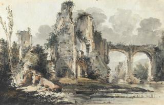 Louis Gabriel Moreau - A river landscape with ruins by an aqueduct