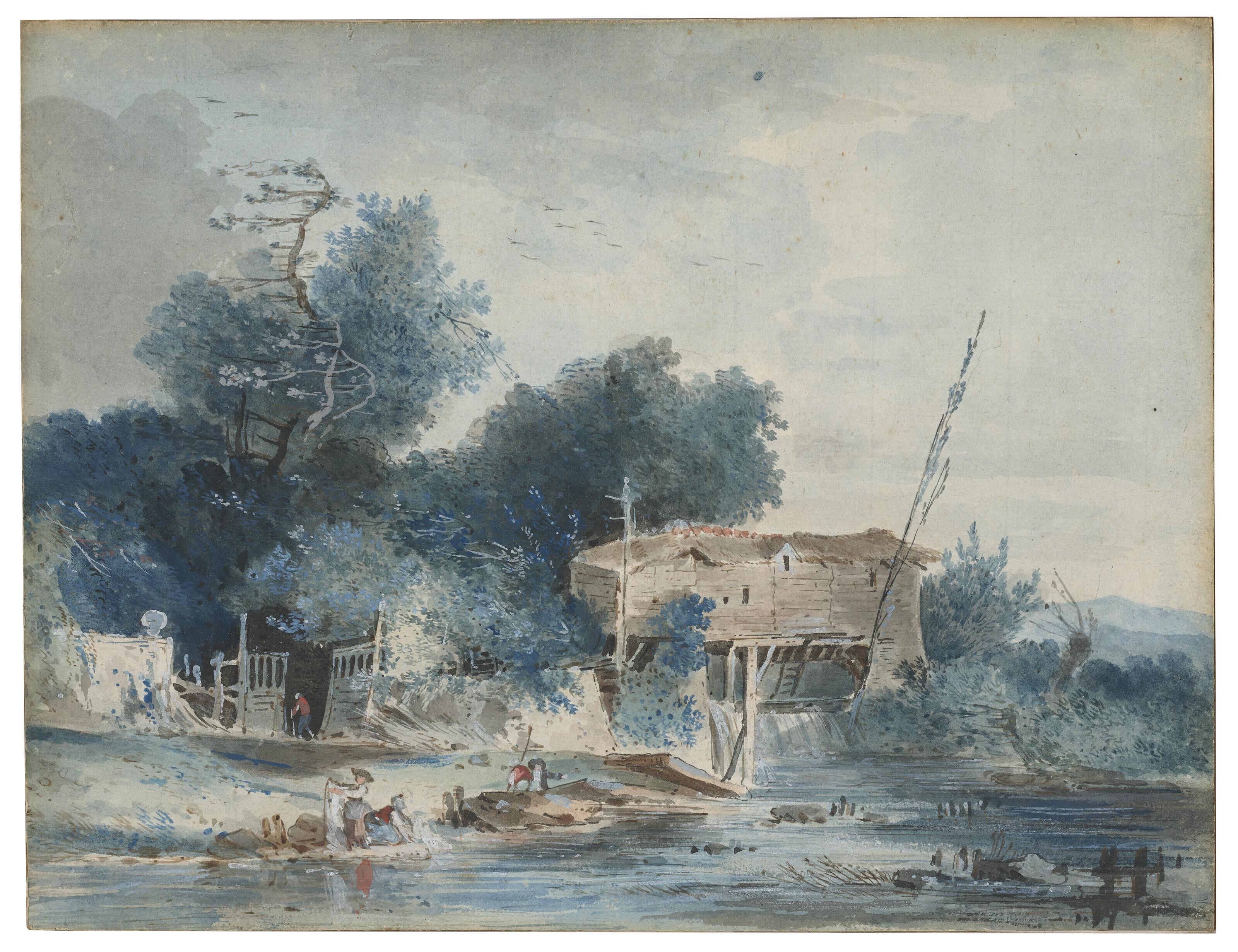 Louis-Gabriel Moreau - A river landscape with washerwomen by a mill