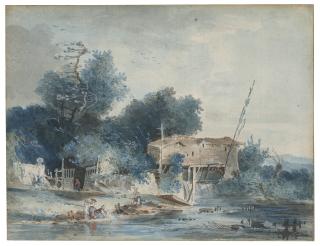 Louis-Gabriel Moreau - A river landscape with washerwomen by a mill