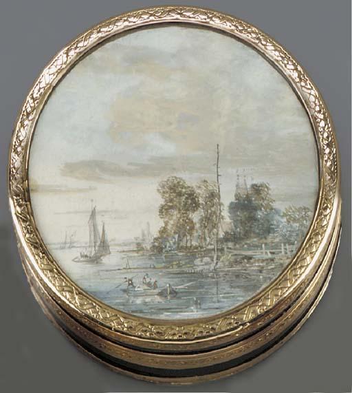 A riverside landscape with a fishing boat and sailing vessels by Louis