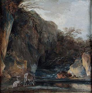 Louis Gabriel Moreau - A stag and a hind at a stream below cliffs