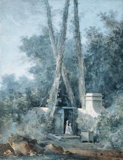 Louis-Gabriel Moreau - A walled garden with two ladies by a wooden doorway