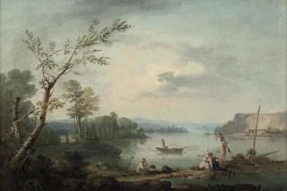 Louis-Gabriel Moreau - A wooded river landscape with fisherfolk