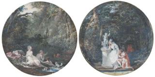 Louis-Gabriel Moreau - Diane et Actéon; et Un couple dans un parc sous une statue de Cupidon, un oiseau s\'échappant d\'une cage