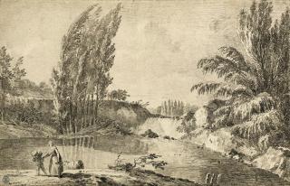 Louis-Gabriel Moreau - Figures in a wooded river landscape