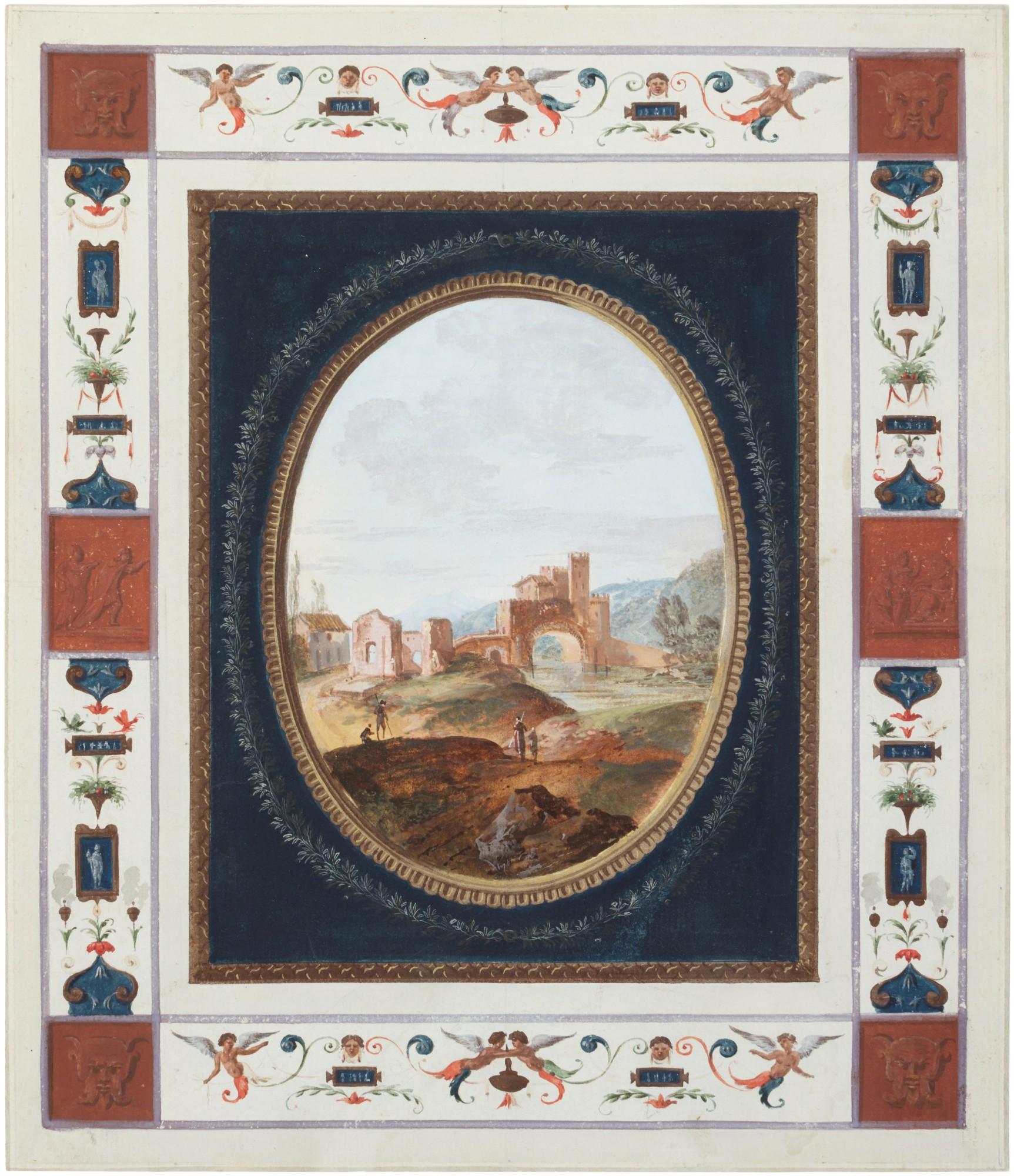 Louis-Gabriel Moreau - Landscape vignette set within a decorative border